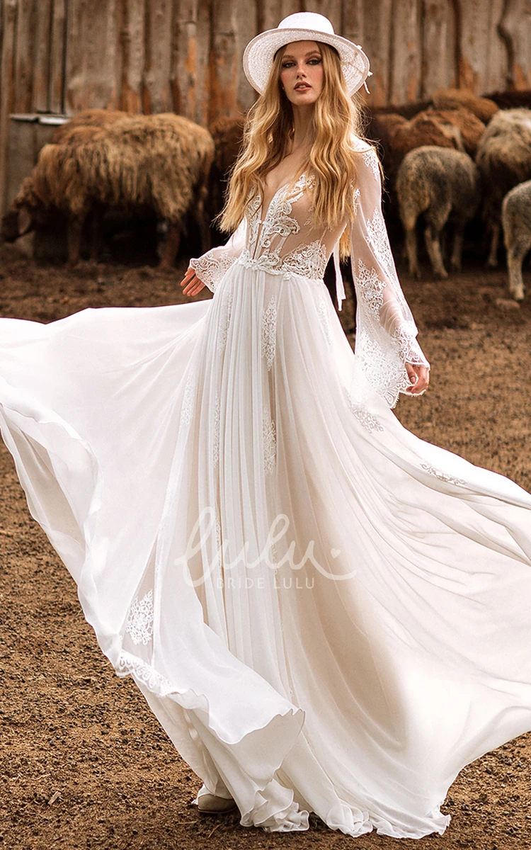 Simple Long Sleeve A Line Tulle Wedding Dress with Plunging Neckline and Floor-length Ruching