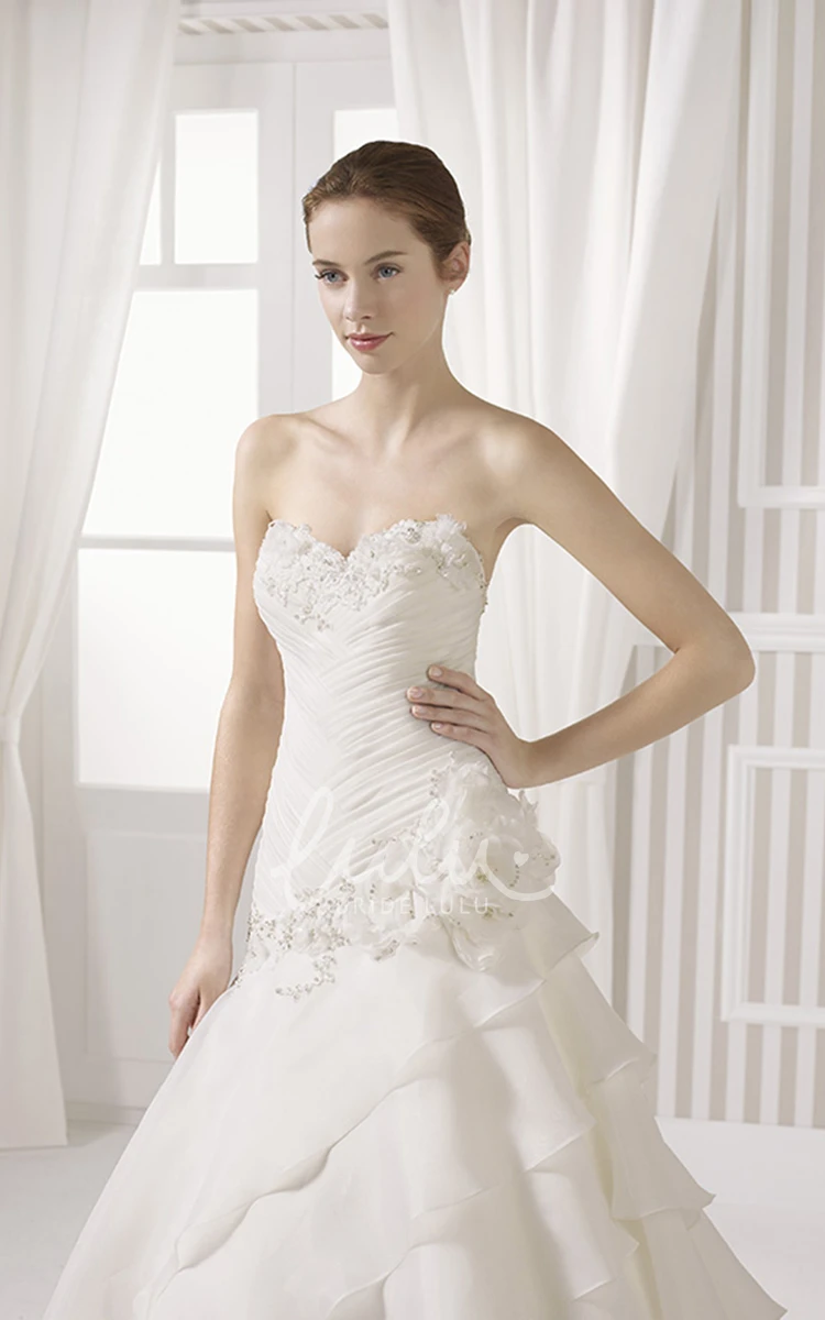 Tiered Sweetheart Chiffon Wedding Dress with Ruching and Flower A-Line