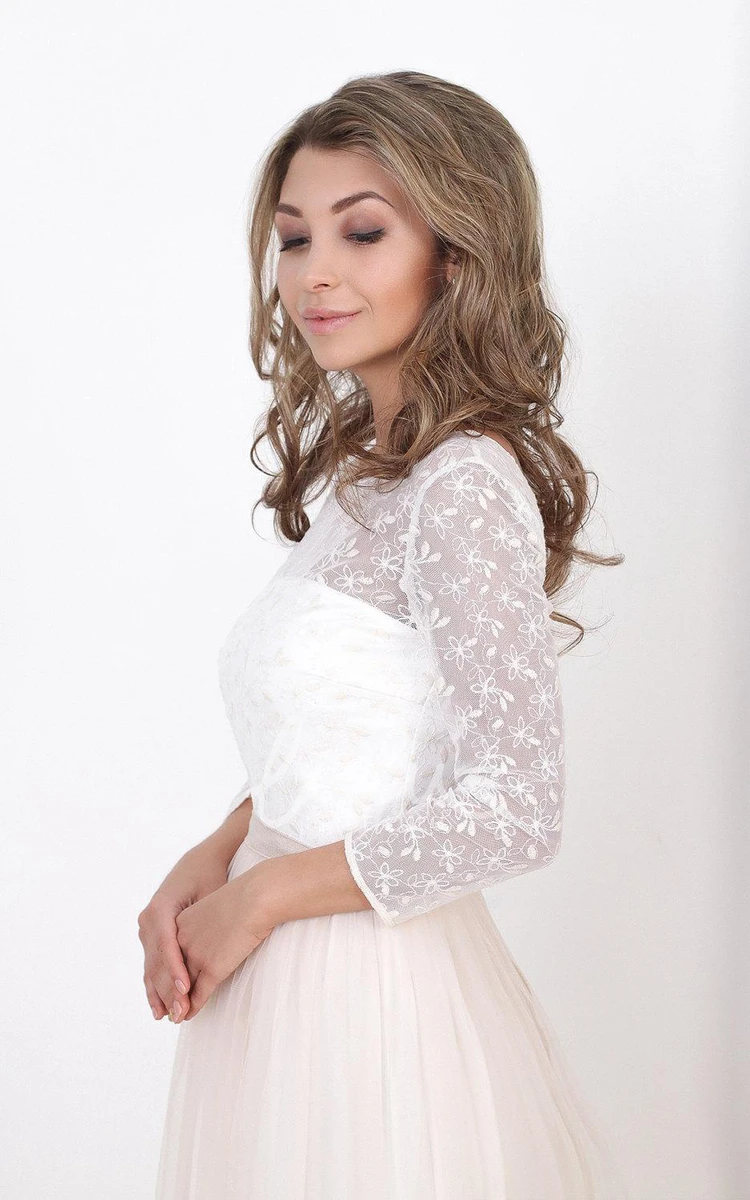 Tulle Lace Bodice Wedding Dress With Long Sleeves and Scoop Neck