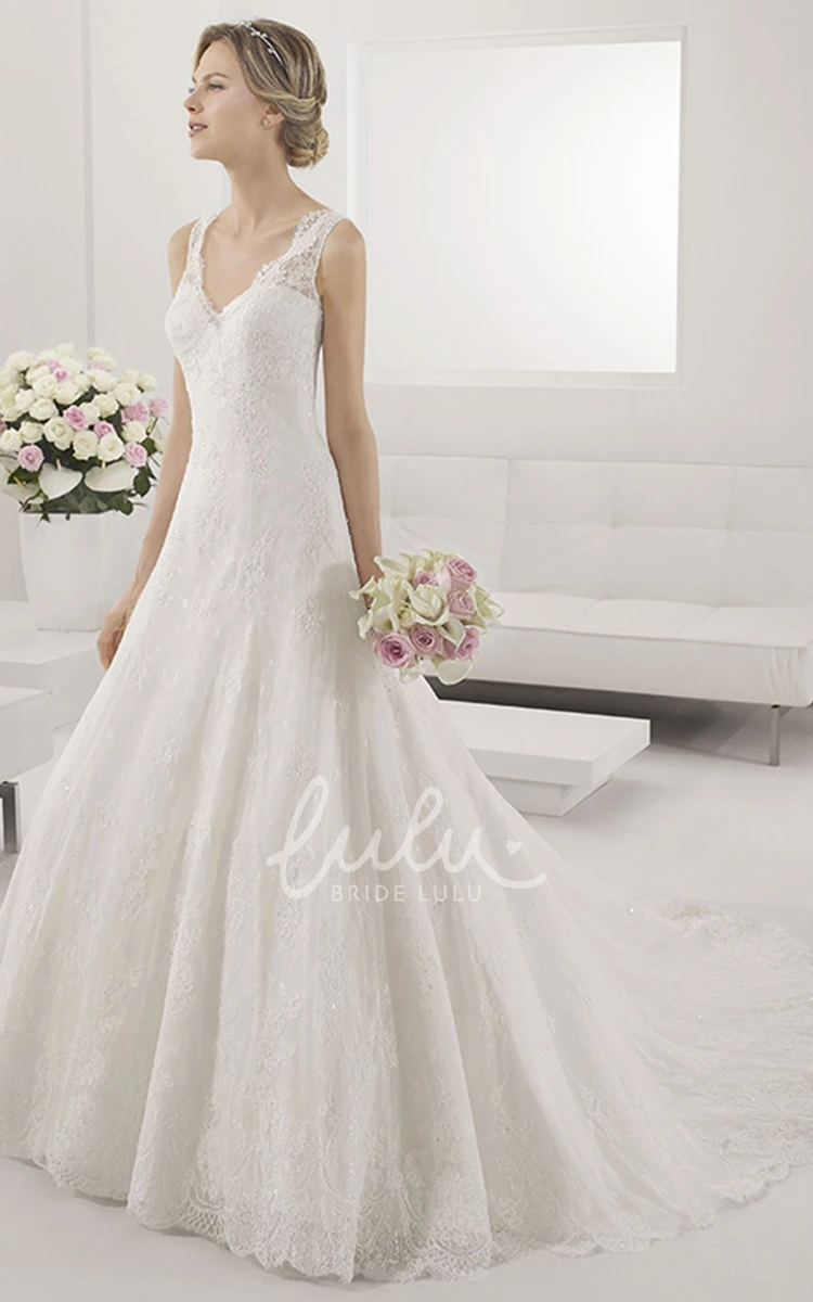 A-Line Lace Wedding Dress with V-Neck and Illusion Straps