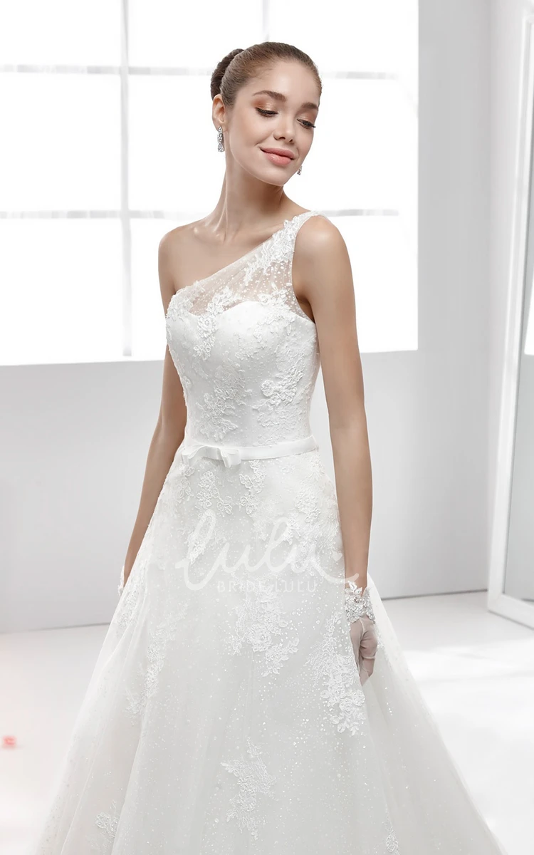 Illusive Strap One-Strap Lace Wedding Dress with Appliques and Flowy Skirt