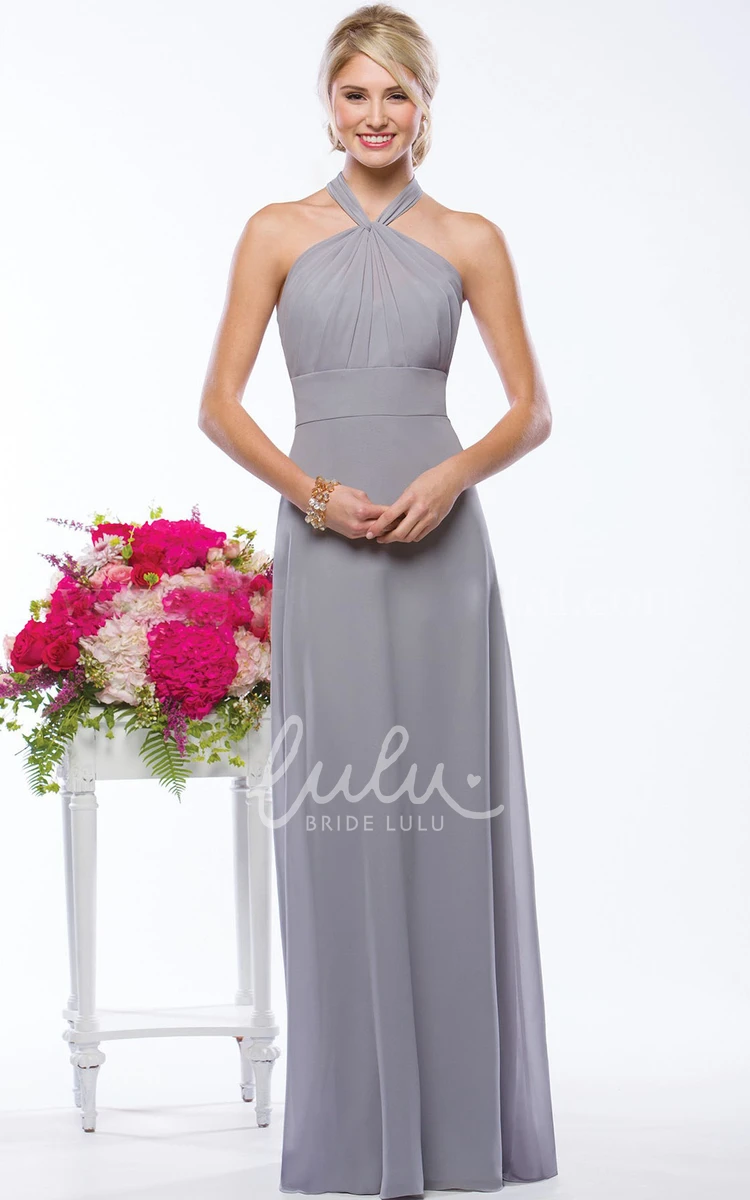 Pleated Open Back Halter Bridesmaid Dress with Long Flowy Skirt