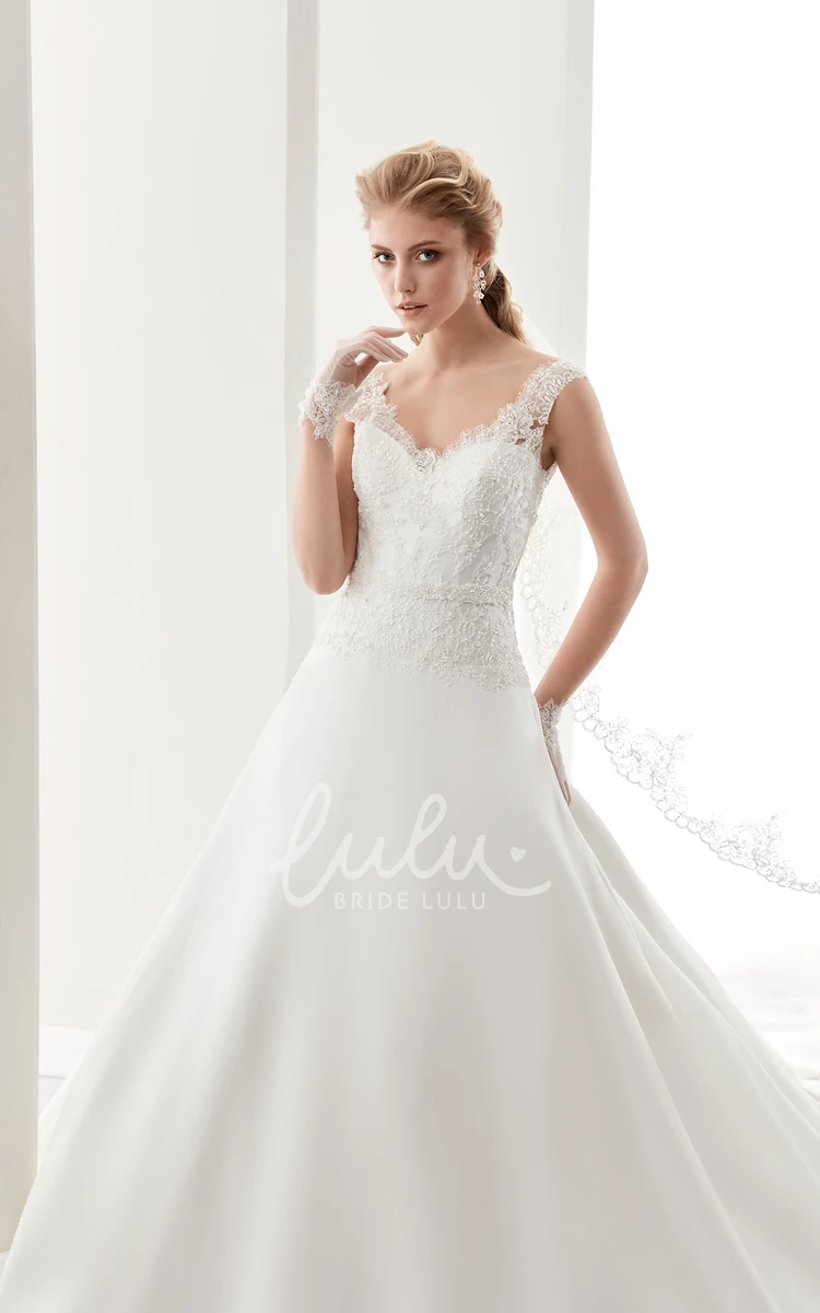 Lace Bodice A-Line Wedding Dress with V-Neckline and Back Bow Detail