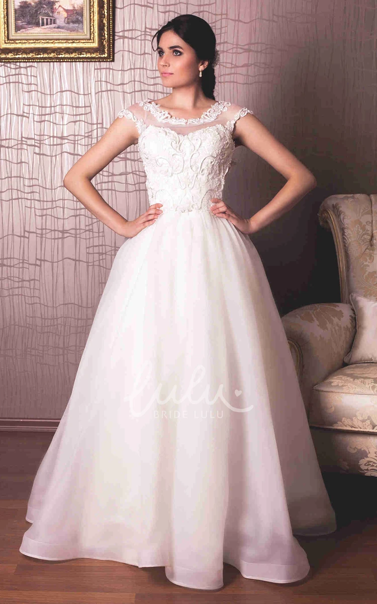 Organza Cap-Sleeve Wedding Dress with Appliques A-Line Style