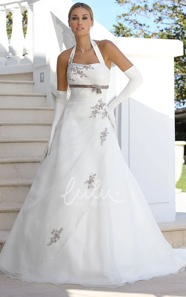 Halter Satin&Tulle A-Line Wedding Dress with Appliques Elegant Bridal Gown