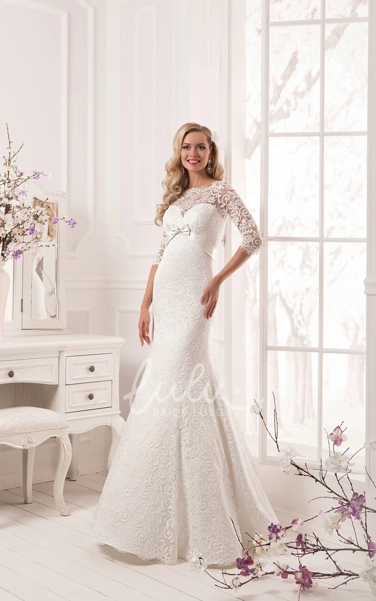 Floor-Length Sheath Dress with Bow Lace Long Sleeves