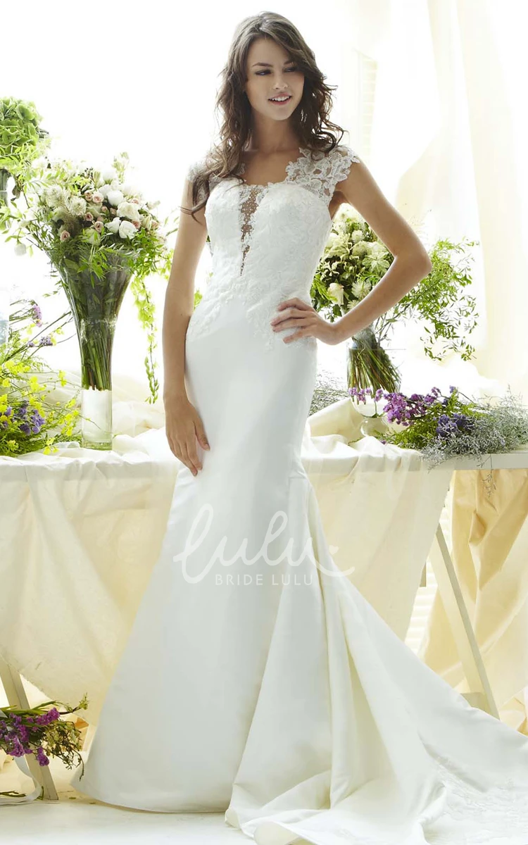 Cap-Sleeve V-Neck Taffeta Wedding Dress with Illusion Elegant Sheath Style