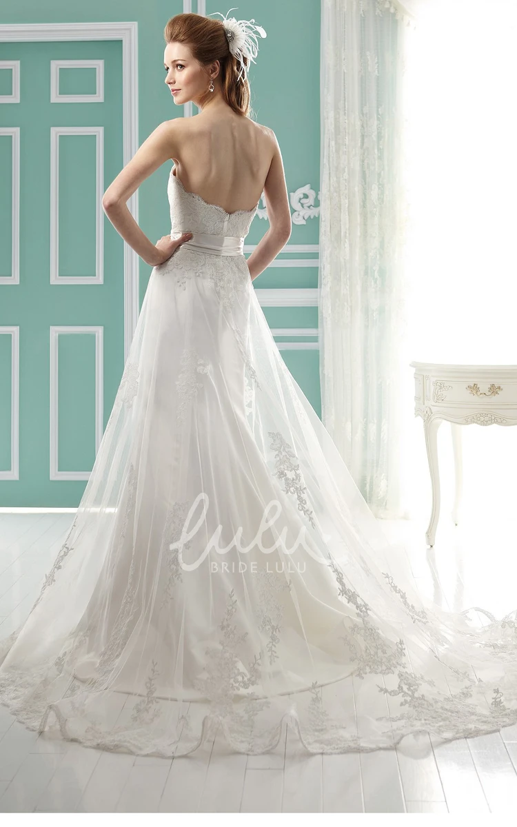 Long Sweetheart Wedding Dress with Bow Sash and Appliques