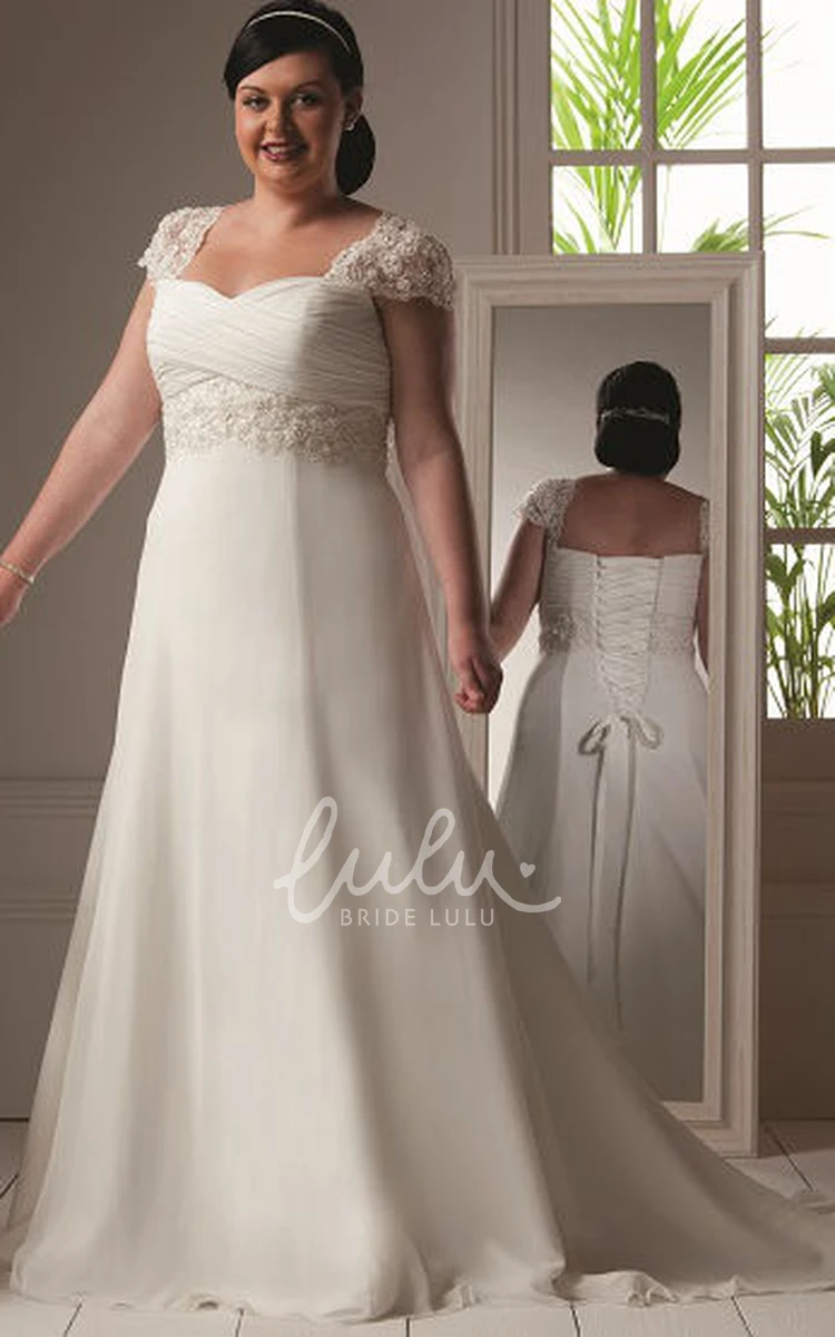Cap Sleeve Beaded A-Line Organza Wedding Dress with Lace-Up