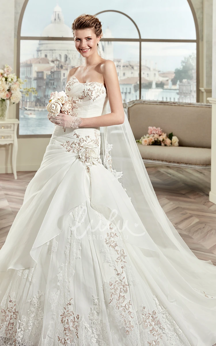 Strapless Ruffle Wedding Dress with Fine Appliques and Lace-Up Back Unique Style