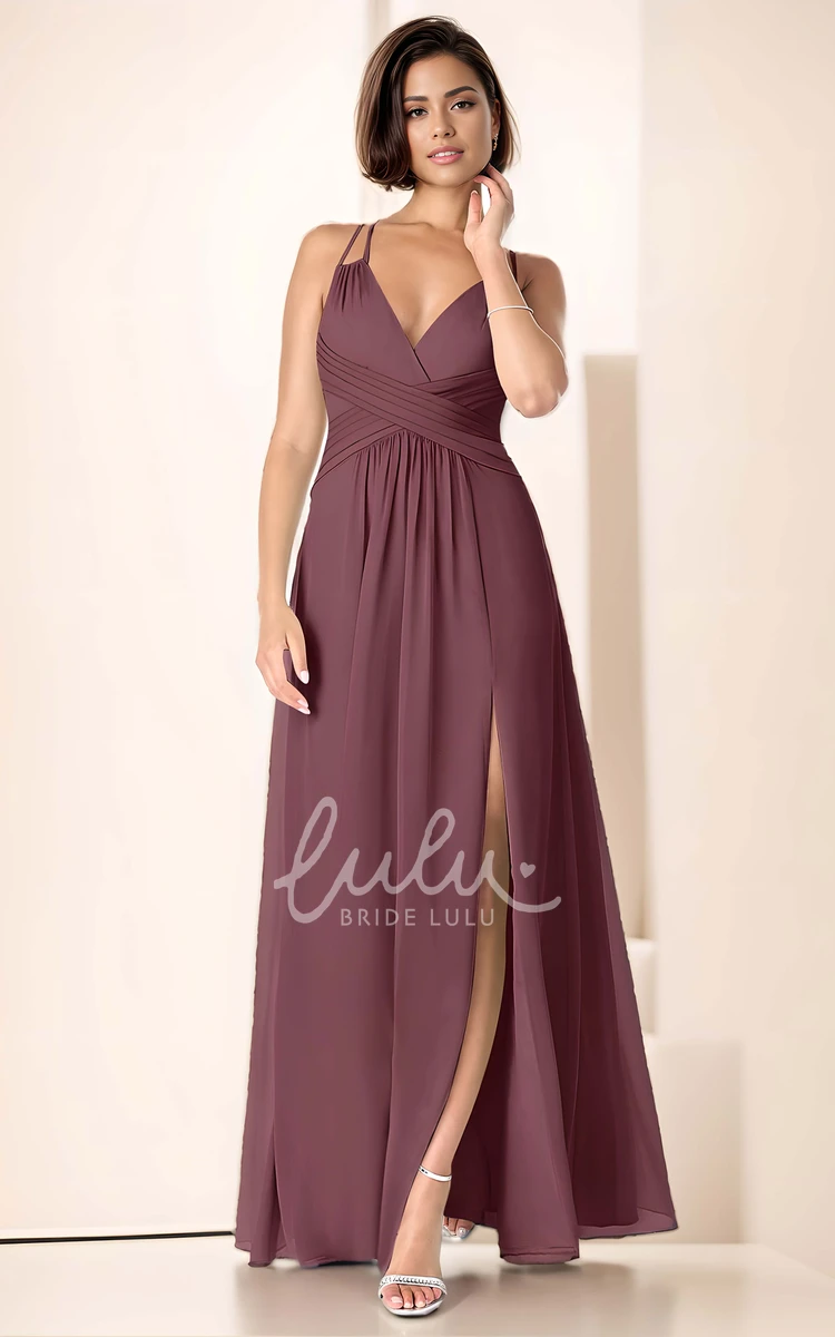 Modern Simple A-Line V-Neck Maxi Bridesmaid Dress Solid Elegant Sexy Spaghetti Strap Sleeveless Chiffon Dress