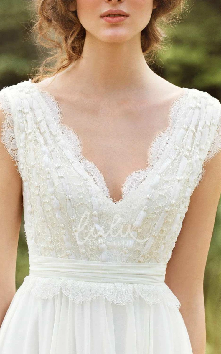 Sleeveless Chiffon Pleated Wedding Dress with Lace and Bow Plunged Bridal Gown