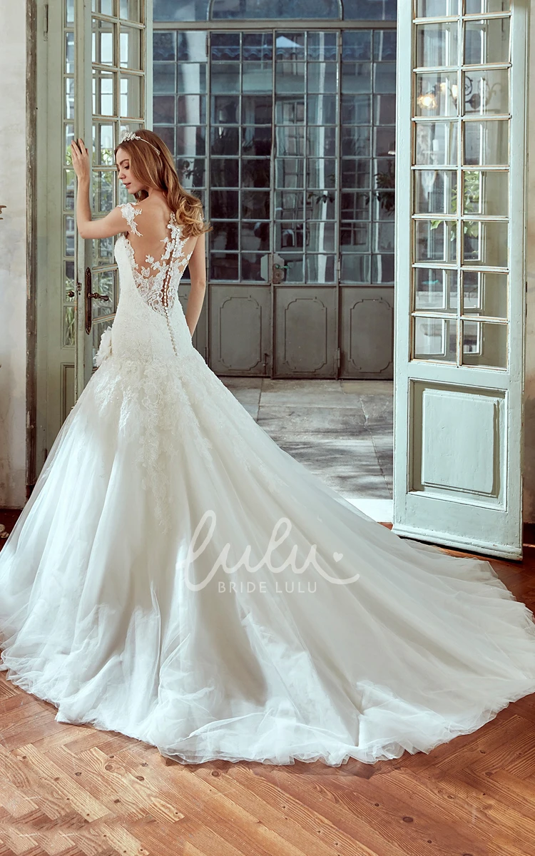 Lace Strap-Neck Wedding Dress with Floral Straps Romantic Bridal Gown