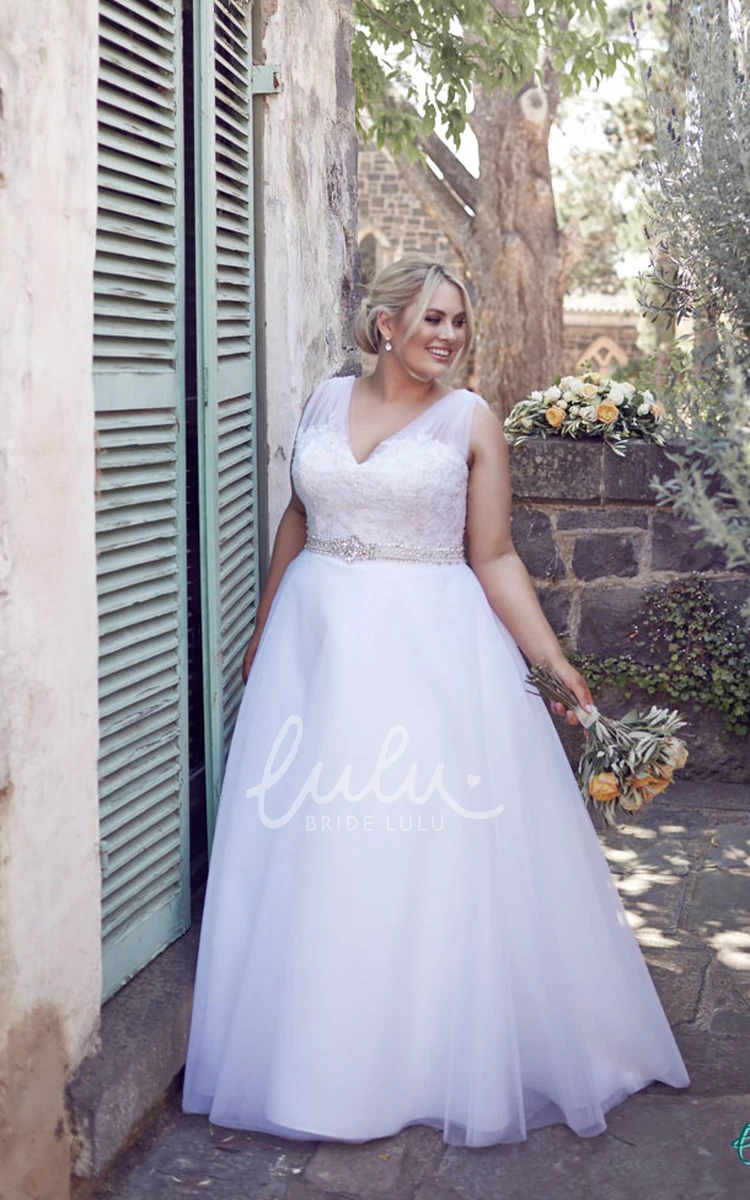 Jeweled Tulle Plus Size Wedding Dress A-Line Style with V-Neck
