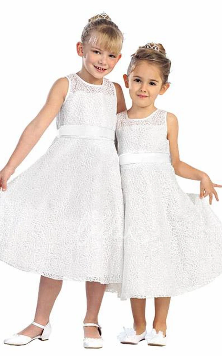 Embroidered Lace Tea-Length Tiered Flower Girl Dress Simple and Elegant Dress