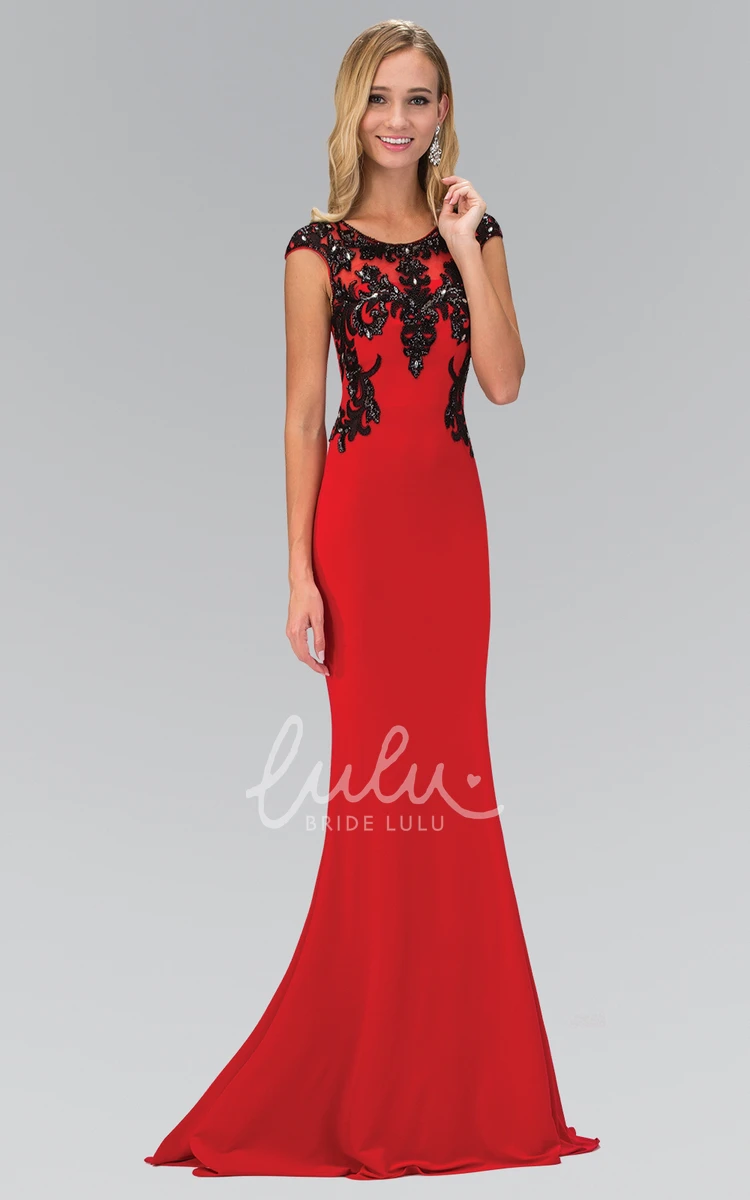 Cap-Sleeve Scoop-Neck Sheath Prom Dress with Beading and Illusion