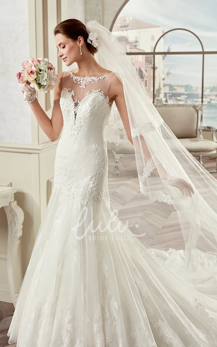 Lace Mermaid Wedding Dress with Jewel Neckline Cap Sleeves and Illusion Design