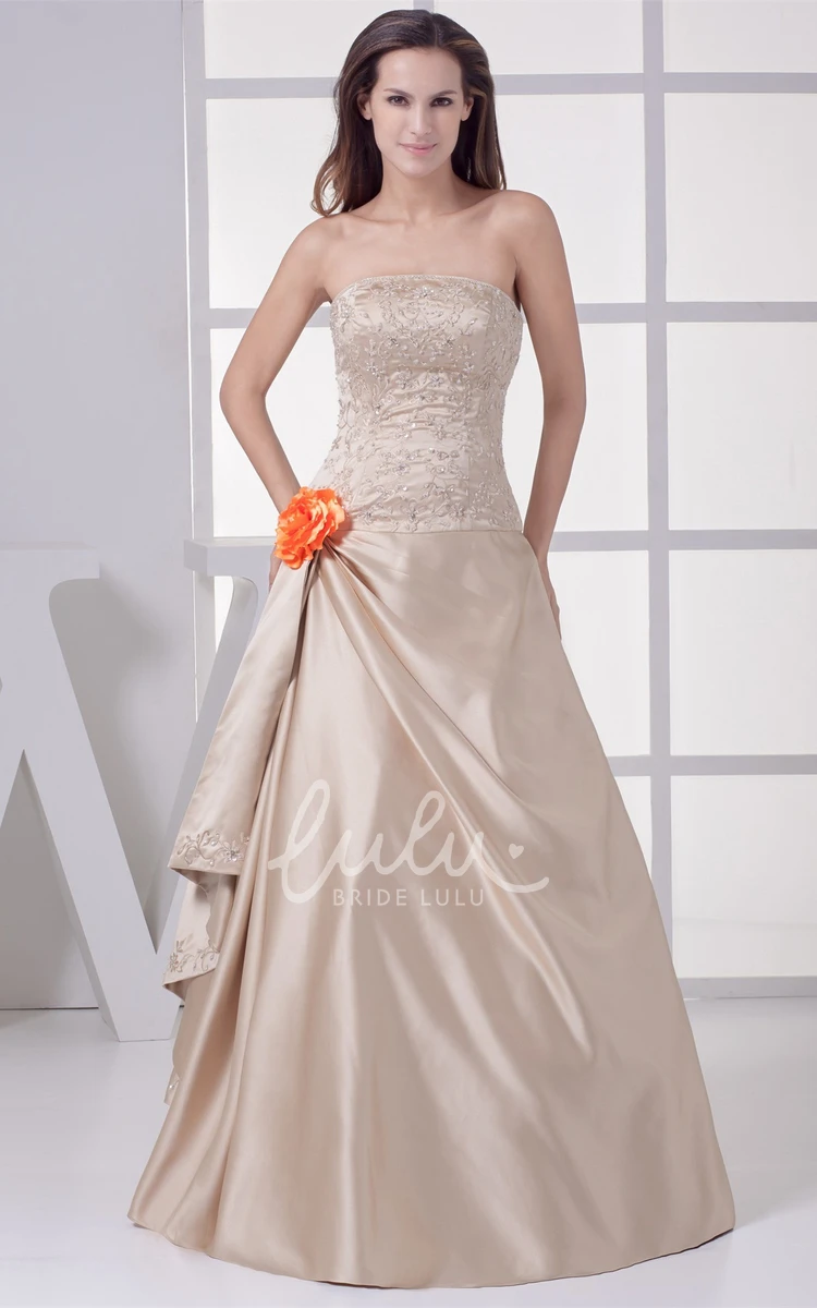 Strapless A-Line Satin Evening Gown with Beading Formal Dress