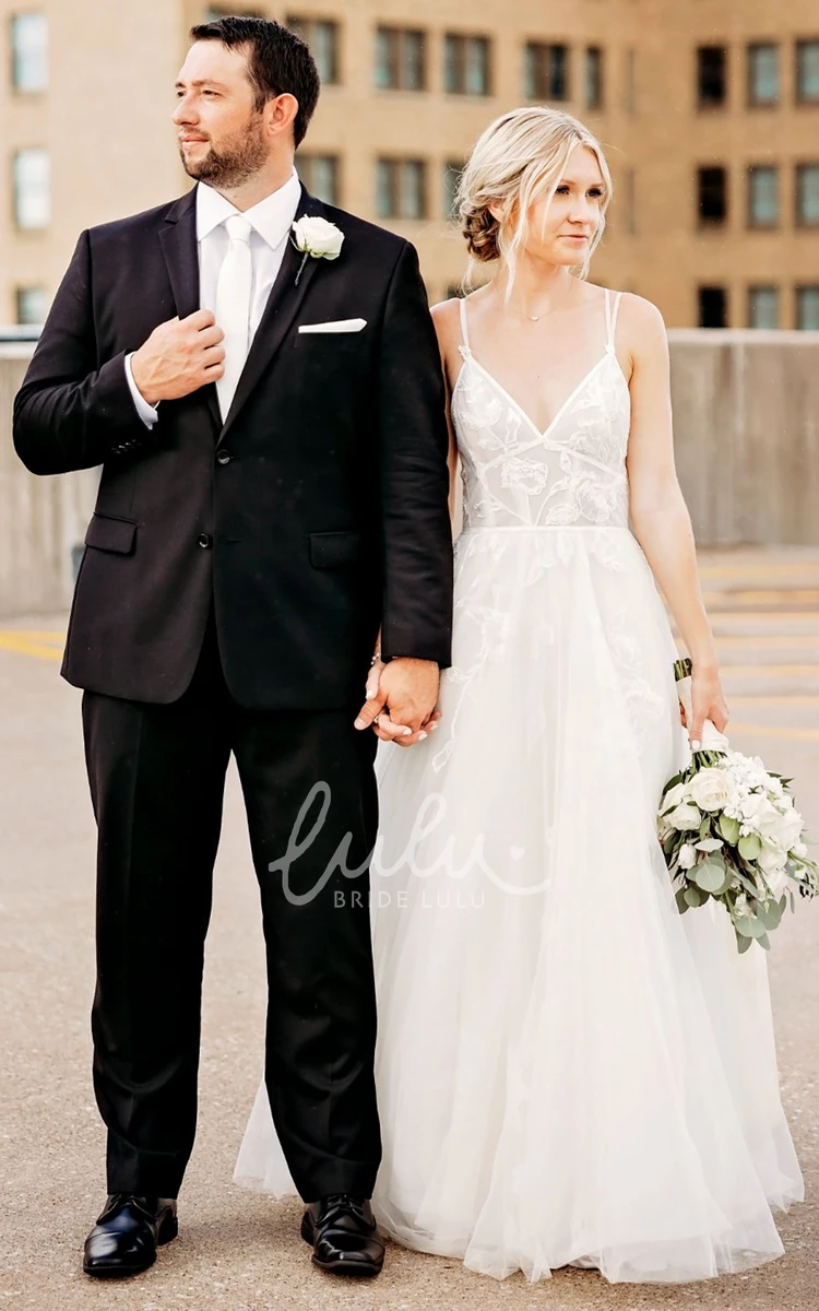 A-Line Tulle Wedding Dress with Appliques V-neck Floor-length Casual