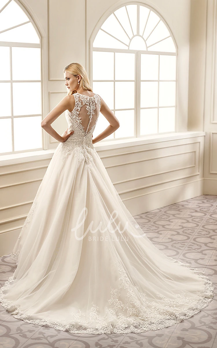 Lace Appliqued Wedding Dress with Flower and Pleats A-Line Floor-Length Sleeveless