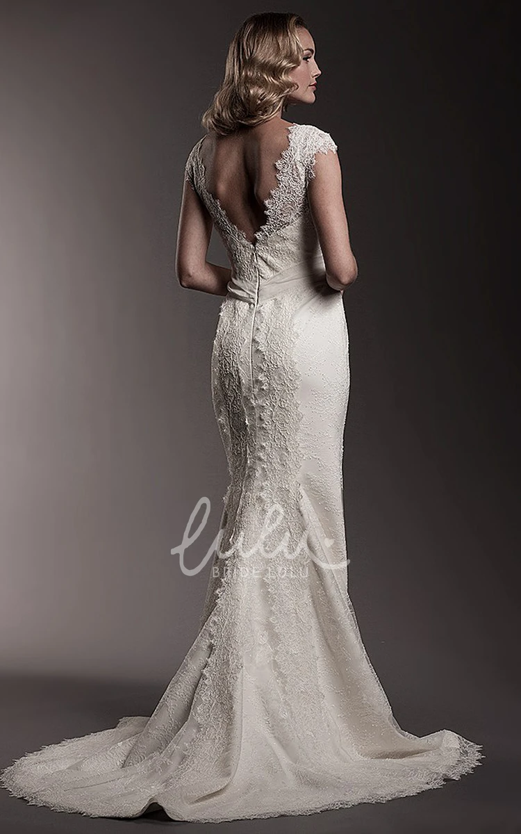 Maxi Cap-Sleeve Lace Wedding Dress with V-Neck and Waist Jewelry