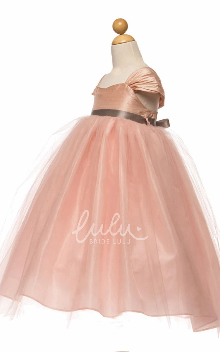 Cap-Sleeved Tulle & Satin Empire Tea-Length Flower Girl Dress with Ruching