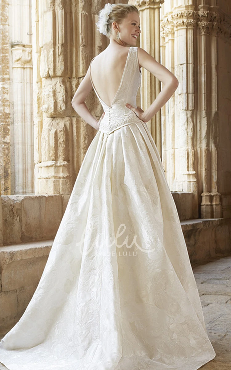 Long V-Neck Lace Wedding Dress with Jeweled Detail Sweep Train and V Back