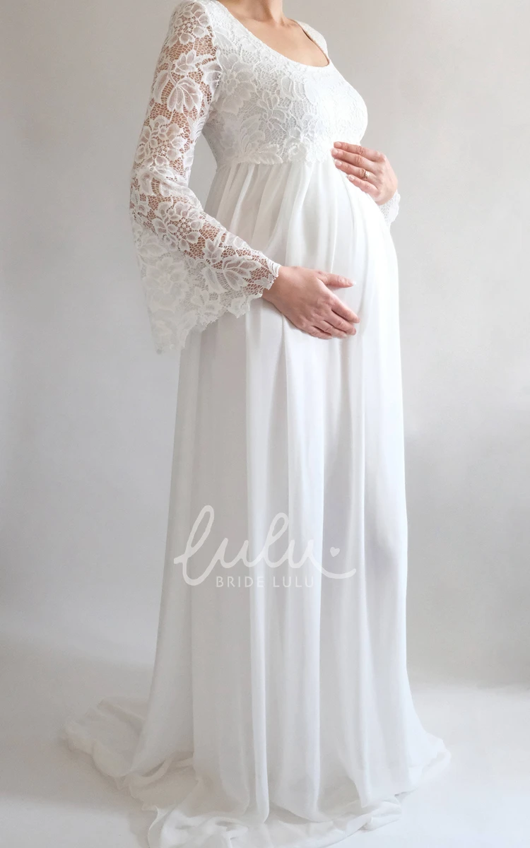 Empire Maternity Wedding Dress with A-Line Sweep Train and Long Sleeves