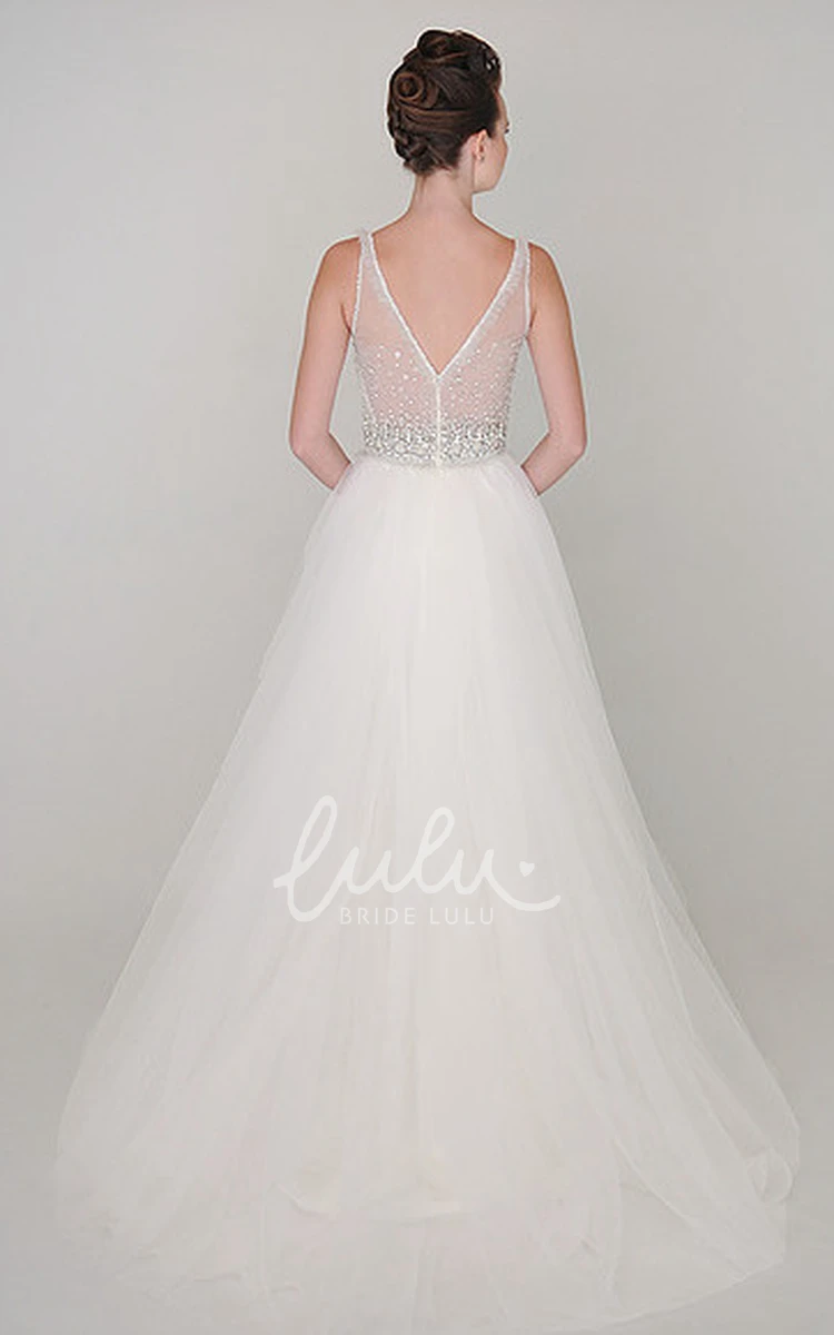 Beaded V-Neck Tulle Wedding Dress with Waist Jewelry A-Line Style