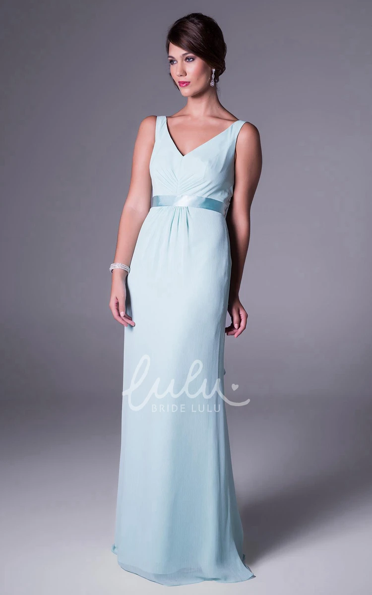 Long Sleeveless V-Neck Chiffon Bridesmaid Dress with Ruching and V Back