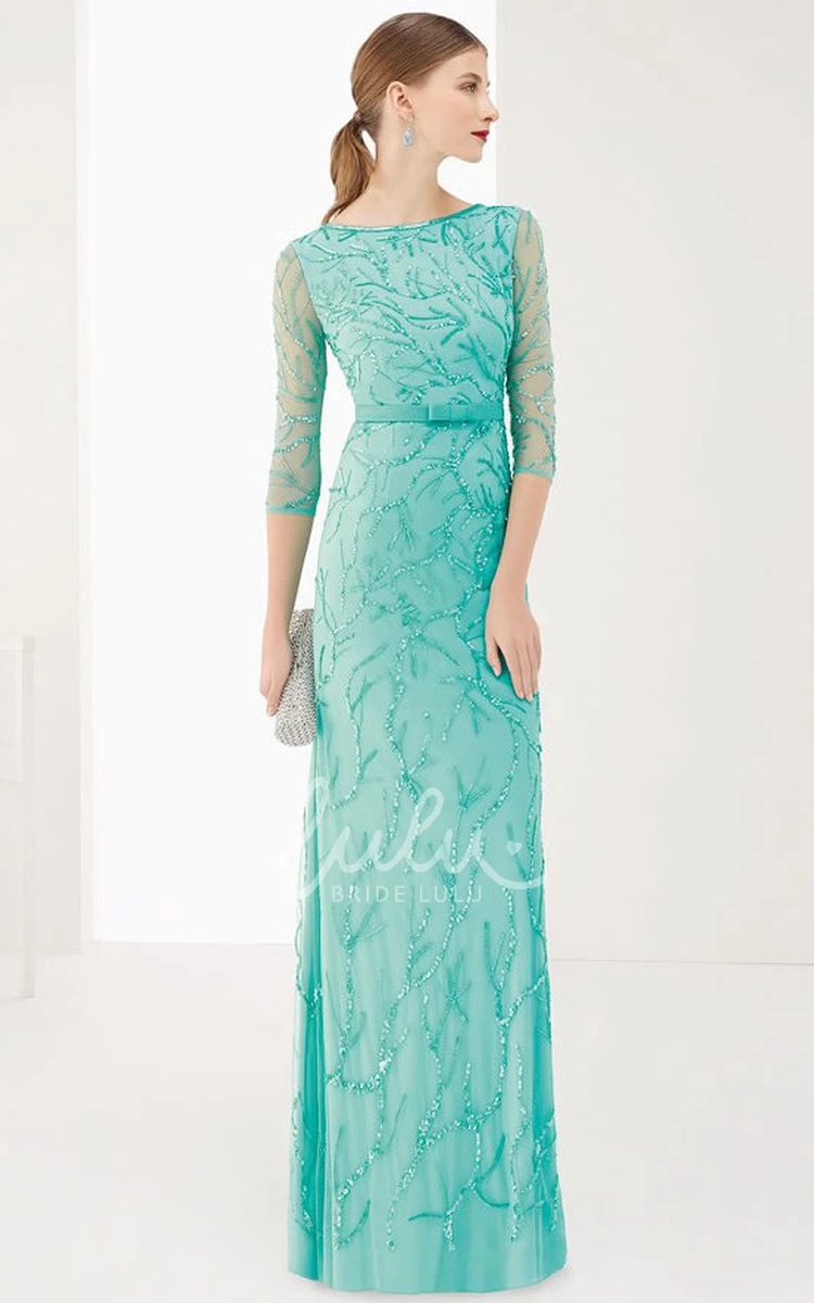 Illusion Sleeve Satin Sheath Prom Dress with Jewel Neck and Floor Length