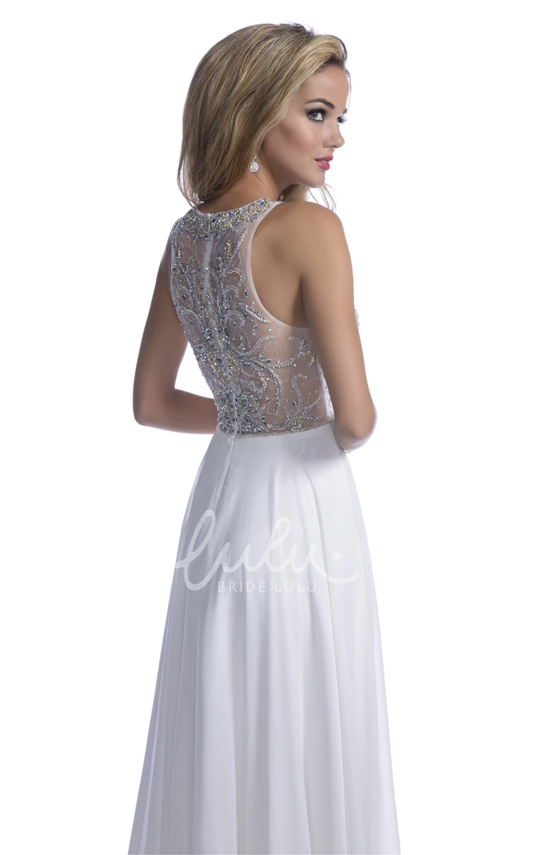 Jewel Neck Rhinestone Bodice Sleeveless A-Line Chiffon Prom Dress Flowy Prom Dress