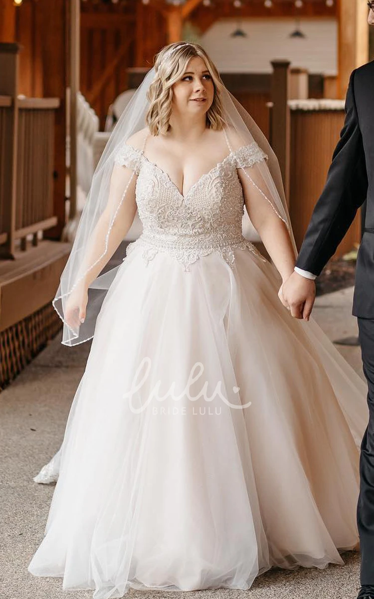 Sexy V-neck Straps A-Line Floor-length Sequins Plus Size Country Wedding Dress