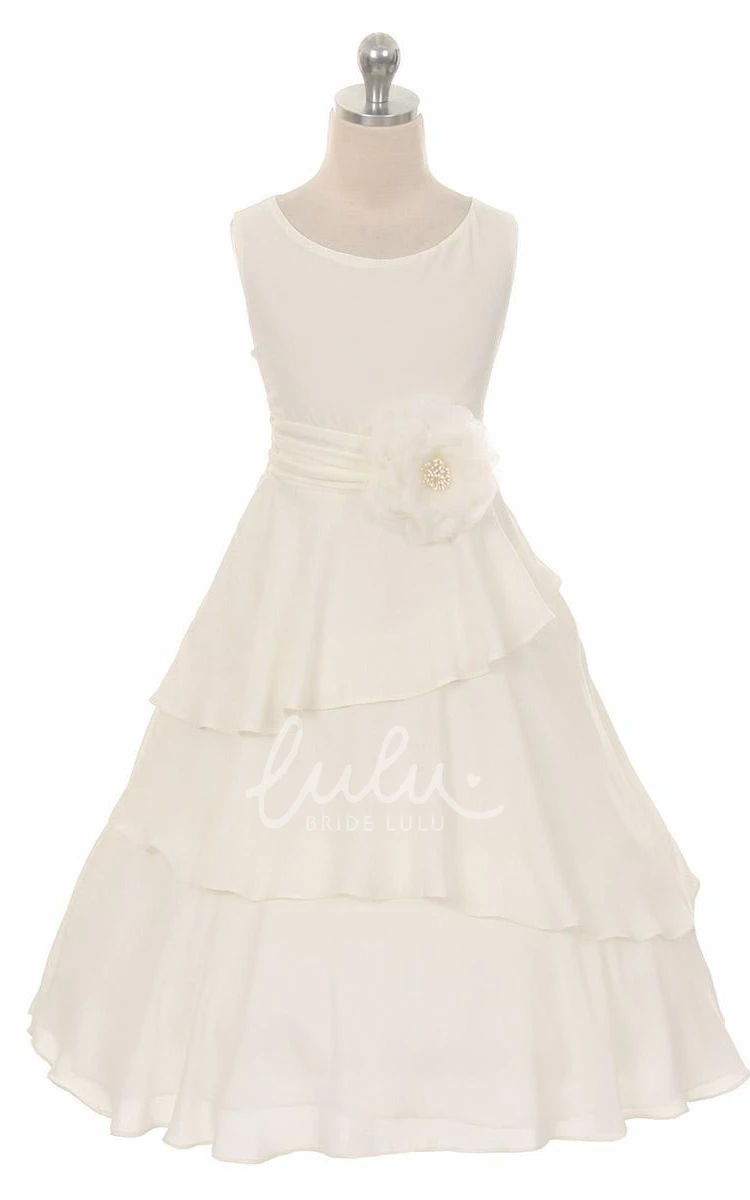 Ruched Chiffon Tea-Length Flower Girl Dress with Floral Print and Sash