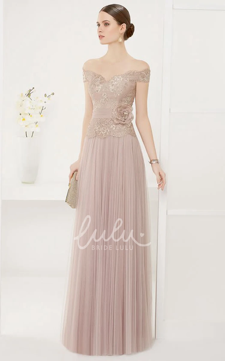 Lace Off-Shoulder A-Line Tulle Dress with Flower Sash