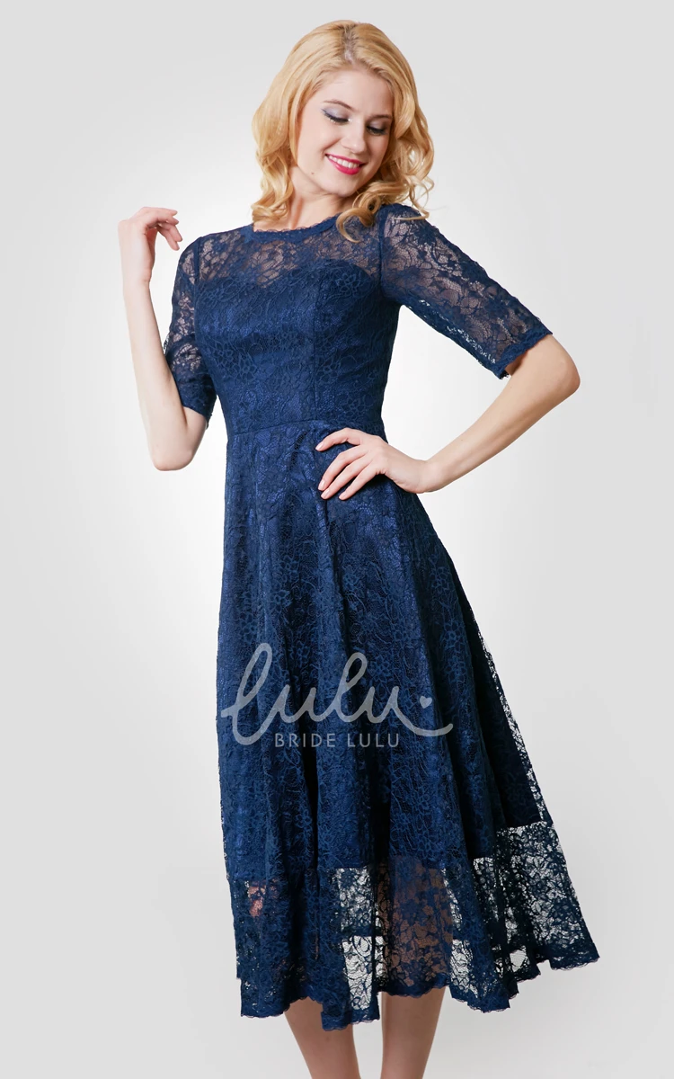 Lace Tea Length Dress With Jewel Neckline Half Sleeve