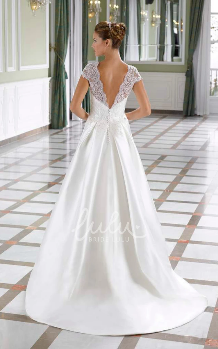 Cap-Sleeve Satin A-Line Wedding Dress with Appliques and V-Back Simple Satin Wedding Dress