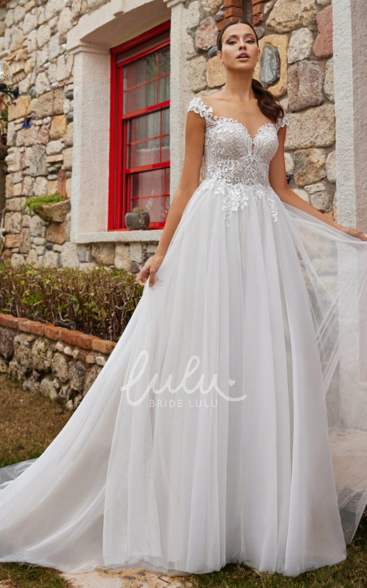 Lace A-Line Chiffon Wedding Dress with V-Neck and Cap Sleeves Elegant Bridal Gown