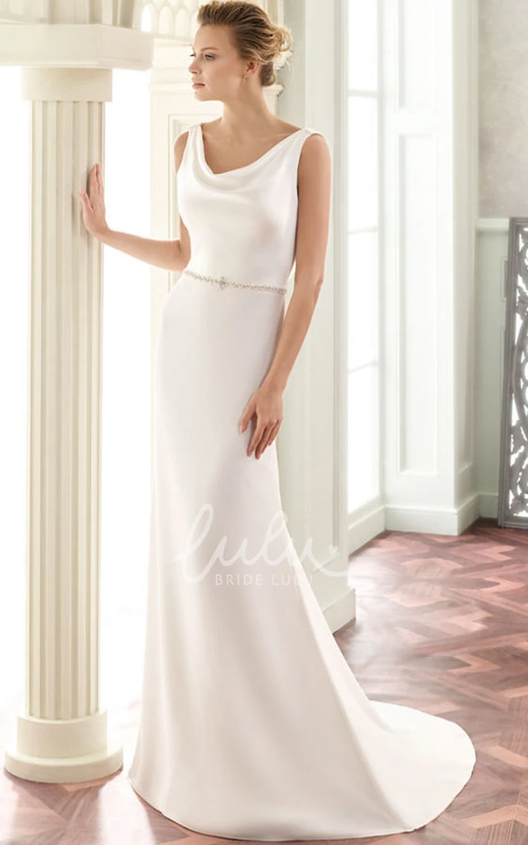 Satin V-Neck Wedding Dress with Jeweled Waist and Brush Train Floor-Length