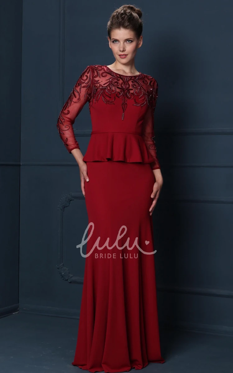 Beaded Jersey Sheath Mother Of The Bride Dress with Long Sleeves and Peplum