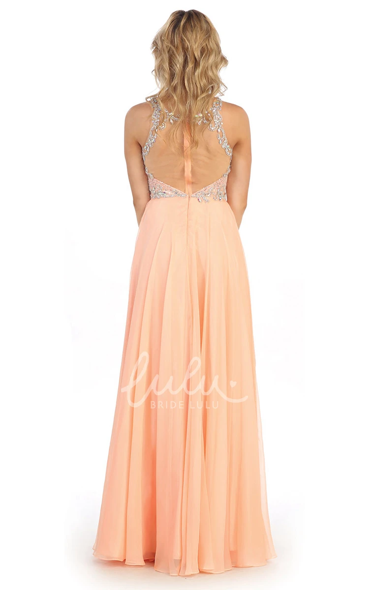 Sleeveless Illusion Bridesmaid Dress with Scoop-Neck Sequins and Beading