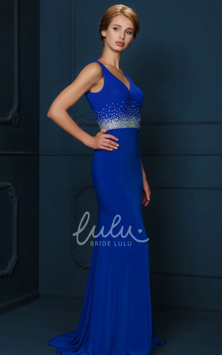 V-Neck Sleeveless Jersey Prom Dress with Beaded Detail and Floor-Length