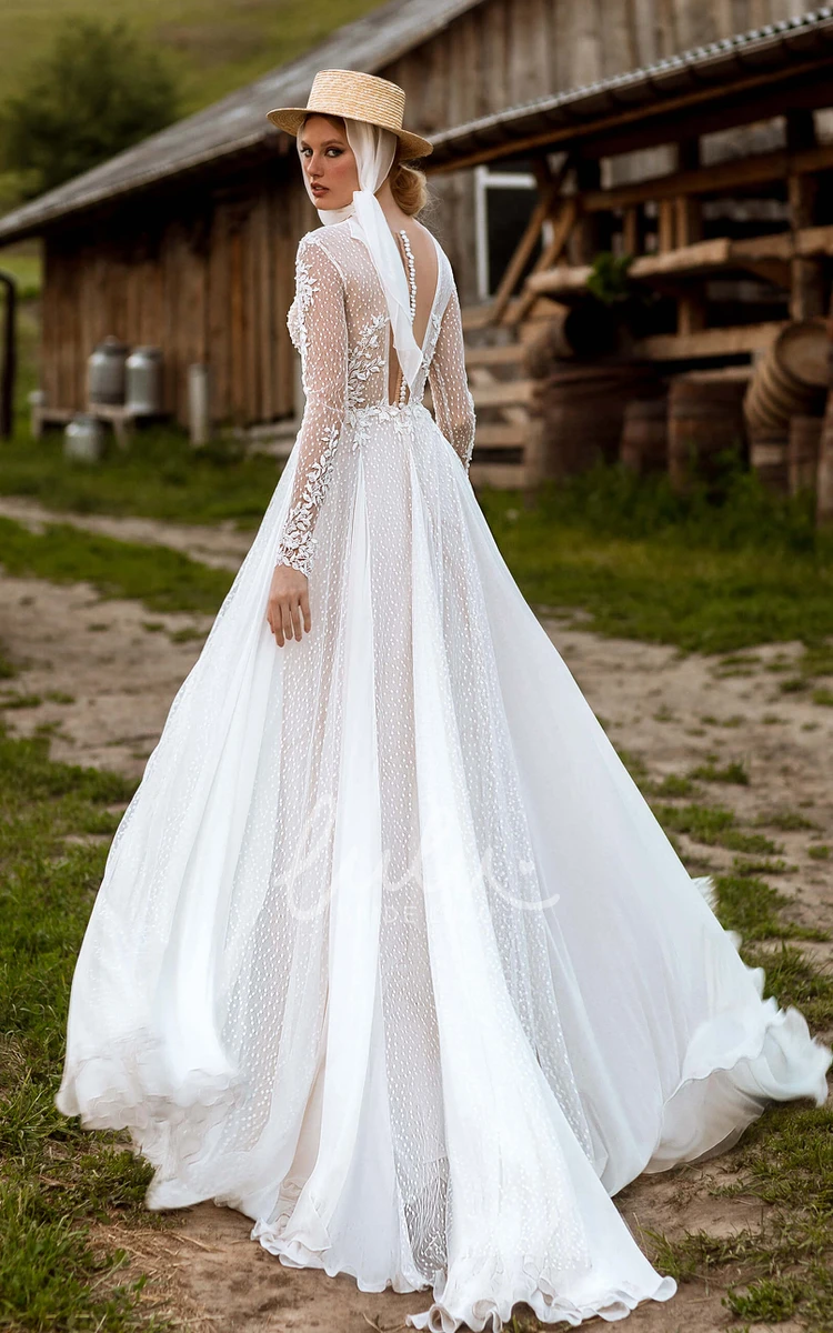 Romantic Lace A-Line Garden Wedding Dress with V-Neck and Button Back