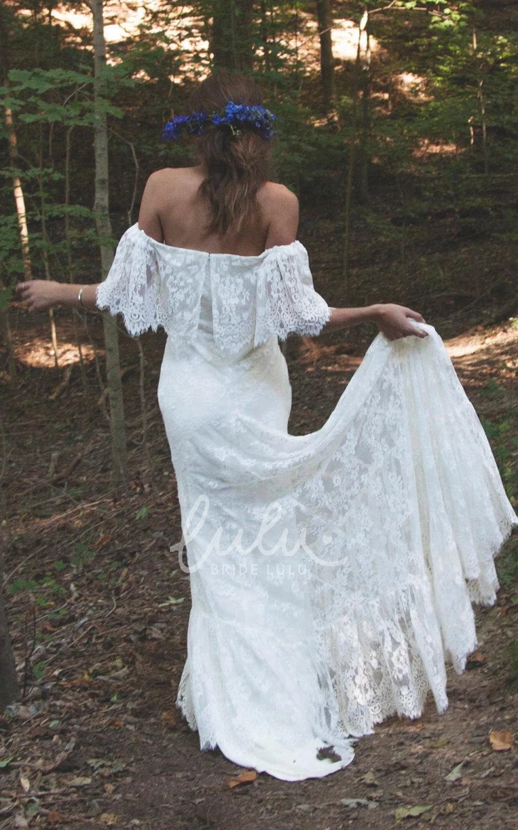 Scalloped Lace Off-Shoulder Sheath Wedding Dress with Long Train