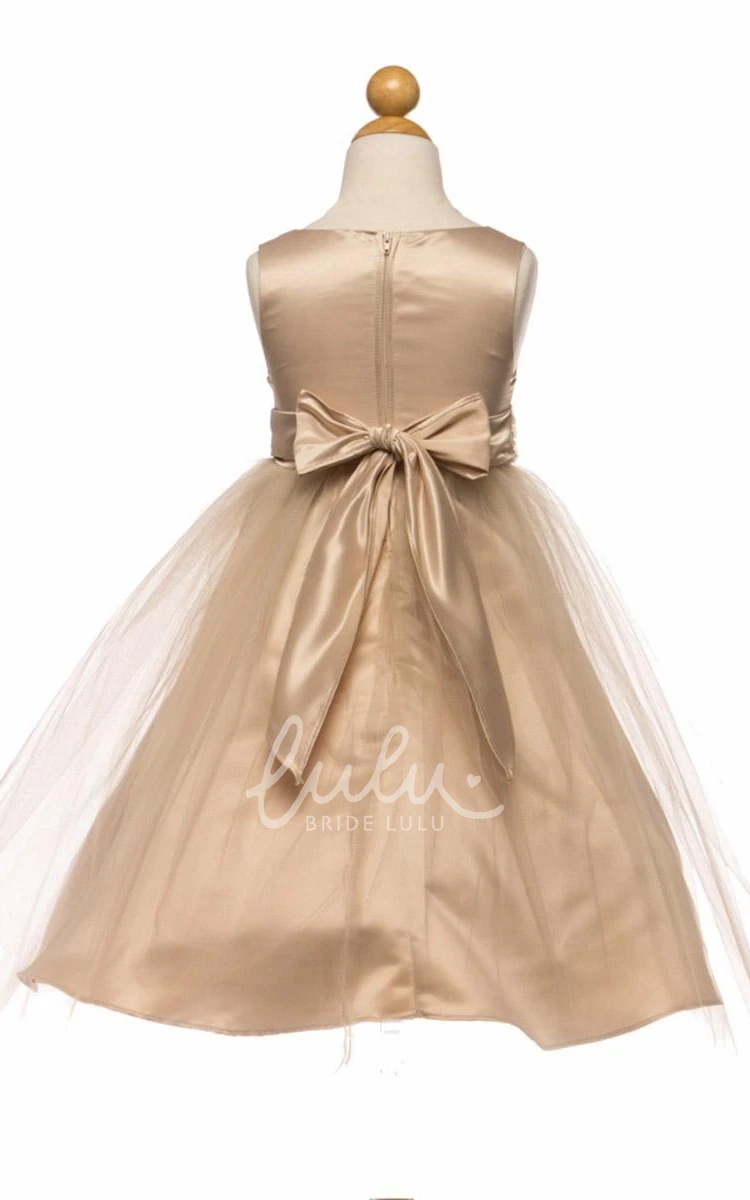 Beaded Tulle Flower Girl Dress Tea-Length Broach Elegant