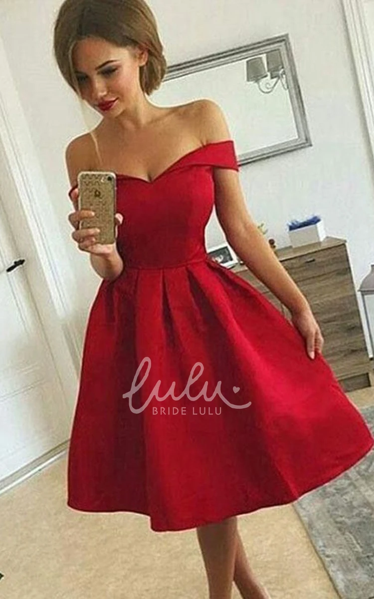 Off-the-shoulder A-line Ruching Satin Tea-length Homecoming Dress