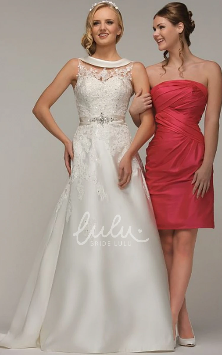 Appliqued A-Line Wedding Dress with Scoop Neck and Waist Jewelry Classic Bridal Gown