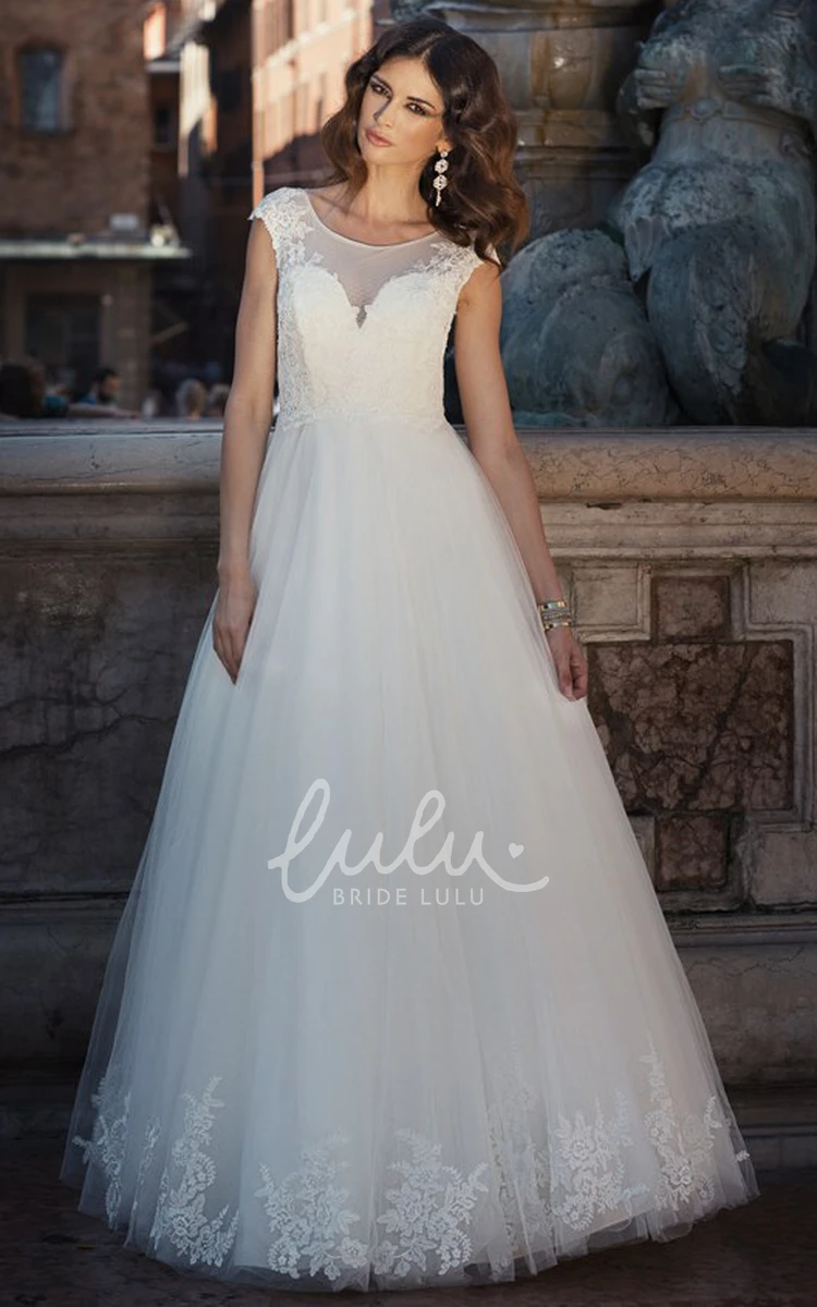 Cap-Sleeve Tulle A-Line Wedding Dress with Appliques Modern Bridal Gown