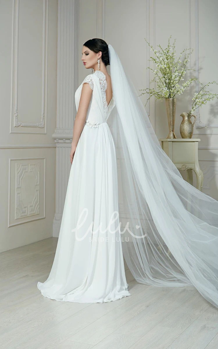 A-Line Chiffon Wedding Dress with V-Neckline Short Sleeves and Beaded Ruching