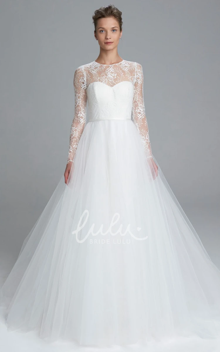 Long-Sleeve Tulle Ball Gown Wedding Dress with Lace and Illusion Dreamy Bridal Gown